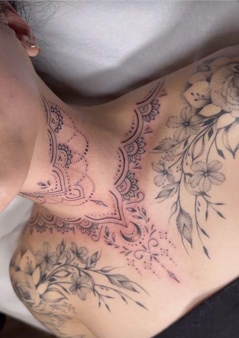 Ornamental Neck Tattoos Women, Mandala Neck Tattoo For Women, Neck And Chest Tattoos For Women, Female Throat Tattoo Ideas, Throat Tattoos Women, Chest Tattoo Designs Female, Chest Neck Tattoo, Tummy Tattoo, Geometric Mandala Tattoo