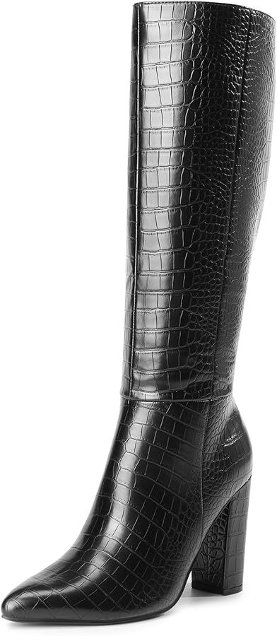 Amazon.com | DREAM PAIRS Knee High Boots Women Chunky Heel Pointed Toe Tall Boots for Women Side Zipper Long Boots,Size 9,Black-Croco,SDKB2406W | Knee-High White Knee High Boots, Brown Knee High Boots, All Black Fashion, Boots Square Toe, Gogo Boots, Womens Chunky Heels, Crocodile Print, Chunky Heels Boots, Black Boots Women