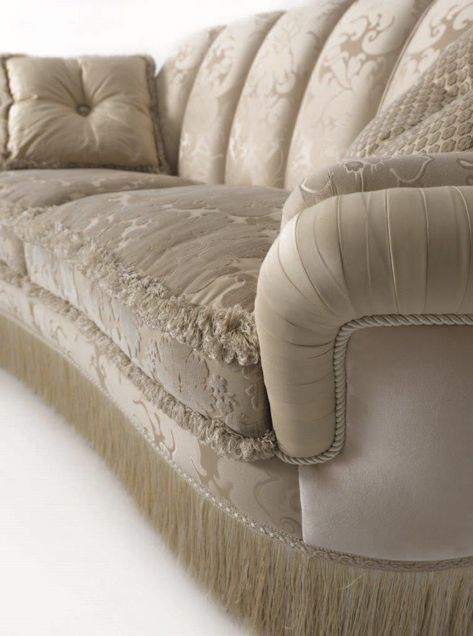 Italian classical sofa with fringe Italian Couch, Sofa With Fringe, New Classic Sofa, Classical Sofa, Classic Couch, Curvy Sofa, Aesthetic Lover, Curved Couch, Corner Sofa Living Room