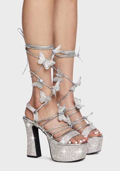 Poster Grl Lace Up Butterfly Platform Heels Rhinestone Diamond Silver – Dolls Kill Wednesday Shoes, Wedding Dresses Fairy, Wedding Dresses Empire Waist, Transparent Boots, Fluffy Heels, Heels And Bags, Butterfly Details, Butterfly Heels, Dolls Kill Shoes