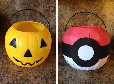 Halloween Pokeball Candy Bucket Tutorial Pokeball Halloween Bucket, Unisex Costumes, Pikachu Halloween Costume, Pokemon Candy, Pokemon Halloween Costume, Pokemon Pumpkin, Pikachu Halloween, Family Themed Halloween Costumes, Pokemon Costumes