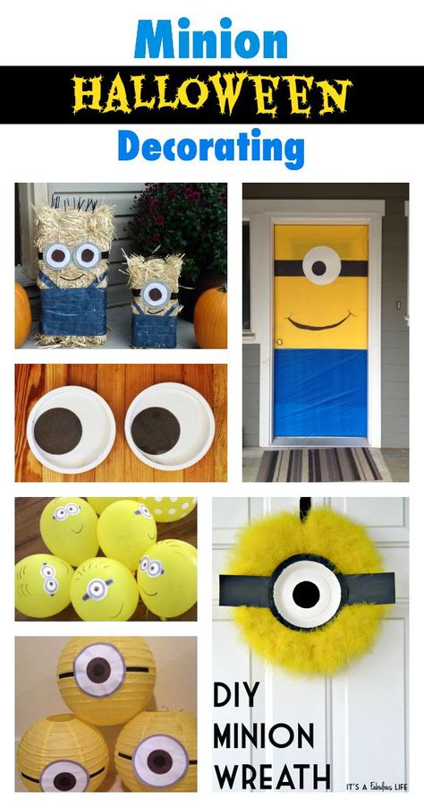 Minion Halloween Decorating Ideas - for your front door and front porch Diy Minion Decorations, Minion Classroom Door, Minion Door Decorations, Diy Halloween Buckets, Pumpkin Treat Bags, Despicable Me Halloween, Pumpkin Walk, Halloween Costumes Pumpkin, Halloween Door Decorations Classroom