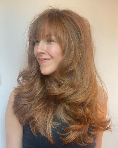 60s Long Haircut, Blowout With Fringe, Blowout Fringe, Big Layered Hair, 70s Fringe Hair Long, 70s Haircut, Long Voluminous Hair, 70s Haircuts, Bang Inspo