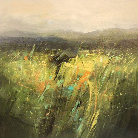 Abstract Hills Painting, Abstract Grass Painting, Hanna Woodman, Cold Wax Painting Technique, Tall Grasses, Grass Painting, Naive Illustration, Representational Art, Abstract Art Inspiration