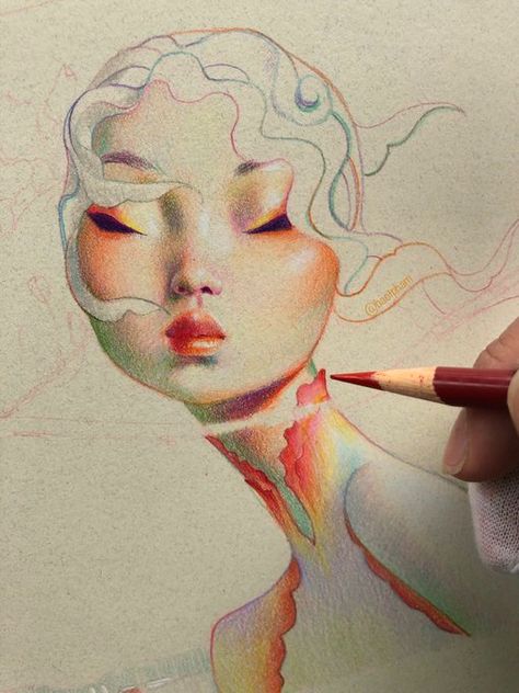 Bao Pham, Elegant Portrait, Kunstjournal Inspiration, Color Pencil Illustration, 얼굴 드로잉, 얼굴 그리기, Arte Sketchbook, Arte Inspo, Rainbow Art