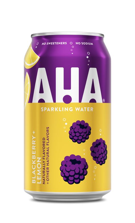 Blackberry + Lemon Sparkling Water | AHA Sparkling Water Design, Lemonade Brand, Beverage Packaging Design, Sparkling Water Bottle, Water Flavors, Blackberry Drinks, Blackberry Lemon, Fruit Logo Design, Drink Logo