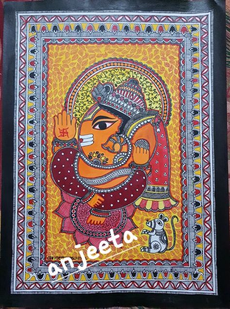 Combination of Kachni - bharni in Madhubani art. Madhubani Art Ganesha, Madhubani Ganesha Painting, Ganesha Madhubani Painting, Madhubani Ganesha, Madhubani Motifs, God Drawings, Madhubani Paintings, Kerala Mural Painting, Boho Art Drawings