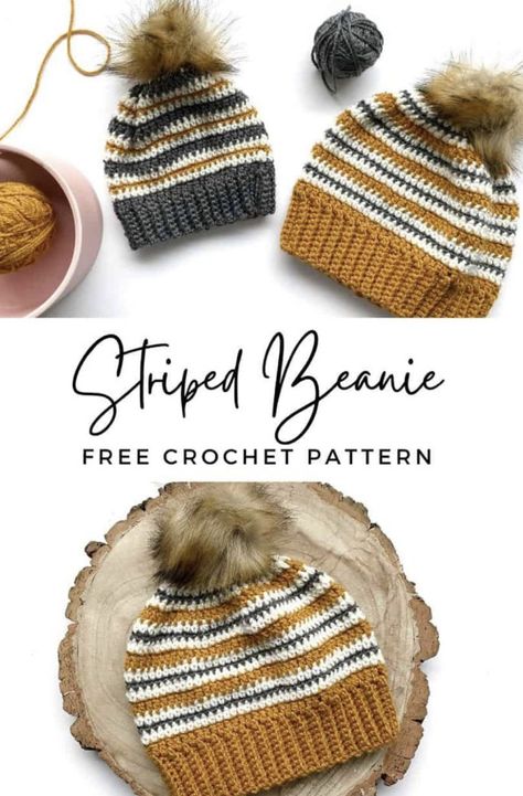 Striped Crochet Beanie Pattern Mommy And Me Crochet Hats Patterns Free, Beanies Crochet, Beanie Hat Crochet Pattern, Beanie Pattern Free, Crochet Beanie Pattern Free, Crochet Beanies, Crochet Kids Hats, Hat Patterns Free, Crochet Hat Free