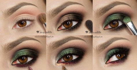 Eyeshadow Green Makeup Tutorial, Smokey Eyes Tutorial, Smokey Eye Makeup Steps, Makeup Ideas Step By Step, Make Up Designs, New Makeup Ideas, Green Smokey Eye, Makeup Vanity Set, Smokey Eye Tutorial