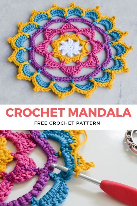 Stunning Crochet Mandala Free Pattern: Another Crochet Mandala Pattern Easy and simple to make, with beautiful edgings crochet! Enjoy it and use it as a crochet potholder, coaster, or any crochet for home craft. #crochet #mandala #crochetmandala #aboutcrochet #crochetfreepattern #crochetprojects #crochethome Round Crochet Doilies Free Pattern, Small Crochet Mandala, Crochet Mandala Pattern Free, Mandala Crochet Free Pattern, Free Mandala Crochet Patterns, Motif Mandala Crochet, Crochet Dreamcatcher Pattern, Mandala Coasters, Crochet Potholder