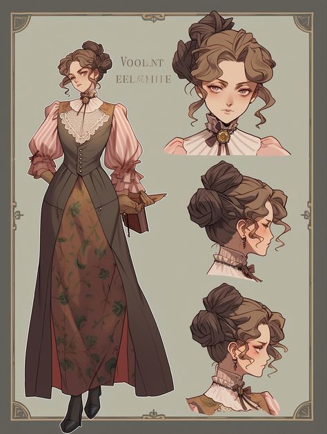 Female Victorian Clothing, 1800 Dress Drawing, Victorian Age Fashion, Ww2 Fashion Women, 1800 Character Design, Victorian Hairstyles Drawing, Victorian Fashion Illustration, Victorian Clothing Drawing, Living Doll Character Design