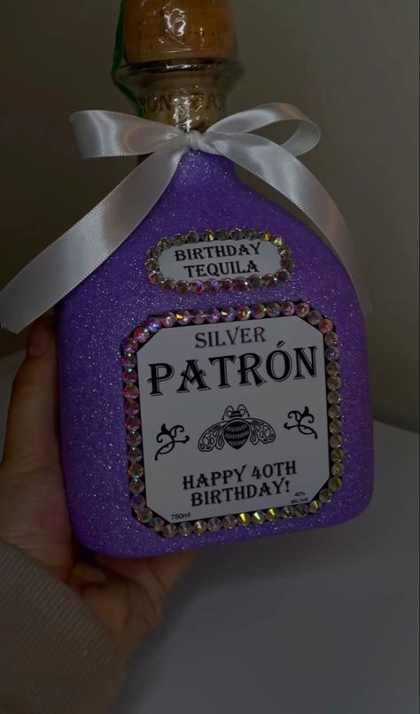 Alcohol Bottle Decorations 21st Birthday, Bling Tequila Bottle, Patron Bottle Crafts Diy, Blinged Alcohol Bottles, Patron Glitter Bottle, Badazzel Liquor Bottles, Bedazzled Tequila Bottle, Decorated Patron Bottles, 21st Birthday Ideas Purple