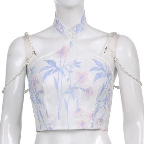 Perfect Summer Qipao Crop Top Blue Flowers Vest SP16226 - SpreePicky FreeShipping Summer Fairycore, Clothes Fashion Outfits, Chain Crop Top, Fashion Outfits Summer, Backless Halter Top, Concert Fits, Vibe Clothes, Halter Tops, Summer Blue