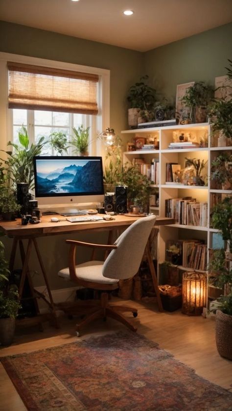 50+ Gorgeous Home Office Inspos: Upgrade Your Space Now! 37 Home Office Ideas For Creatives, Book Nook Office Ideas, Eclectic Boho Office, Home Office Room Decor Ideas, Rustic Boho Office, Home Office Astethic, Nature Inspired Home Office, Botanical Home Office, Home Office Hobby Room