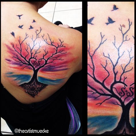 Tree Of Life Heart Tattoo, Sunset Heart Tattoo, Love Tree Tattoo, Colorful Tree Tattoos For Women, Couples Tree Tattoo, Colorful Tree Of Life Tattoo, Tree Of Love Tattoo, Thursday Tattoo, Tree With Birds Tattoo