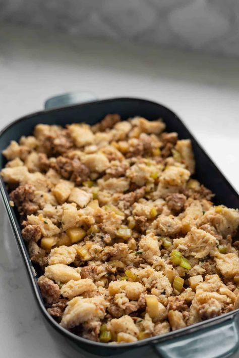 Sausage and Apple Stuffing Apple Sausage Recipes, Sausage Apple Stuffing, Sausage And Apple Stuffing, Apple Sausage Stuffing, Apple Stuffing, Stuffing Recipes For Thanksgiving, Sourdough Sandwich, Sage Sausage, Apple Sausage