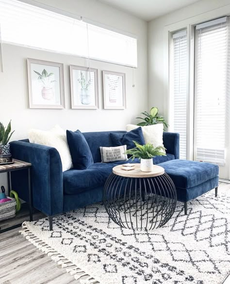 Blue Couch Studio Apartment, Sitting Room Ideas With Blue Sofa, Blue Sofa Apartment, Sapphire Couch Living Rooms, Blue Sitting Room Decor, Blue Studio Apartment, Navy Transitional Living Room, Blue Couch Grey Floor, Apartment Decor Blue Couch