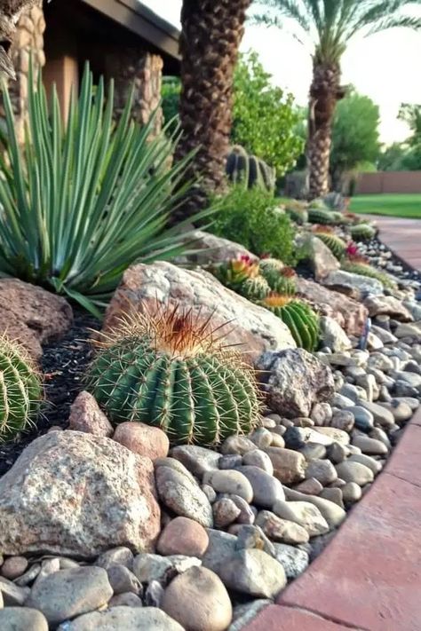 Cactus Front Yard Landscaping, Desert Landscaping Front Yard, Planting Cactus, Cactus Garden Design, Cactus Garden Landscaping, Spanish Courtyard, Arizona Gardening, Landscaping Front Yard, Rock Garden Landscaping