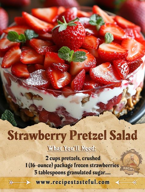 Ingredients: For the Pretzel Crust: Frozen Strawberry Recipes, Strawberry Pretzel Salad Recipe, Strawberry Salad Recipe, Strawberry Pretzel Salad, Strawberry Pretzel, Pretzel Salad, Pretzel Crust, Strawberry Salad, Desserts For A Crowd