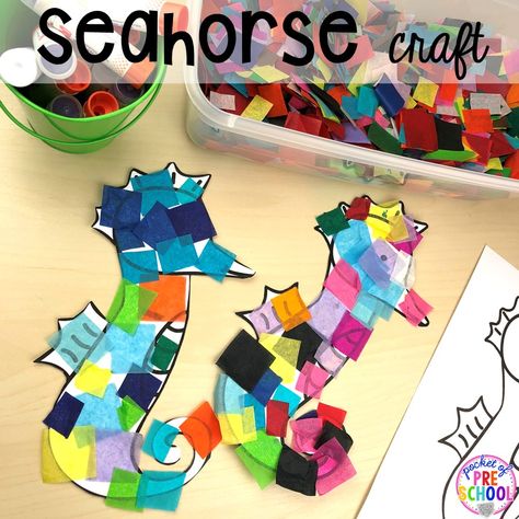 Ocean Block Center Preschool, Ocean Fine Motor Activities For Toddlers, Seahorse Craft For Toddlers, Seahorse Preschool Activities, Ocean Craft Kindergarten, Water Animal Activities For Preschool, Ocean For Preschoolers, Ocean Theme Art Preschool, Seahorse Crafts For Toddlers