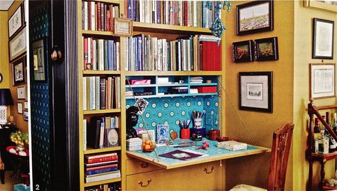 A hideaway desk.  Brockschmidt loft in House Beautiful - 1/2/2013 Yellow Bookshelves, Apartamento New York, Fold Out Desk, Small Space Design, Bookshelf Desk, Small Space Solutions, Built In Desk, Home Office Organization, Small Office