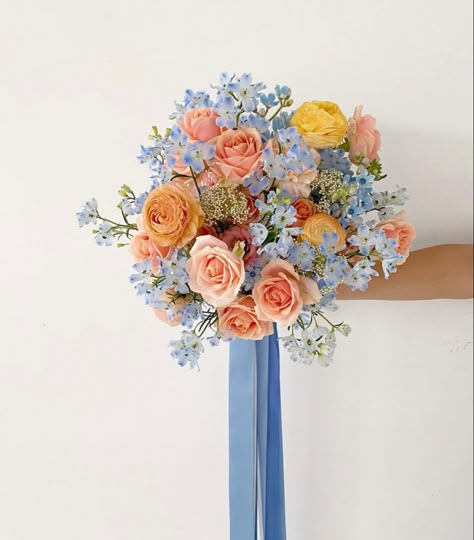 Pink Blue Yellow Bouquet, Colorful Bouquet Wedding, Wedding Bouquets Spring, March Wedding Flowers, Colorful Bridal Bouquet, Yellow Bouquets, Flower Arrangements Simple, Prom Flowers, Colorful Bouquet