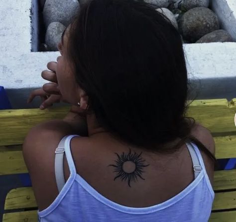 Sun Of May Tattoo, Upper Back Sun Tattoo, Sun On Back Tattoo, Sun Back Tattoo Women, Back Tattoos Upper, Back Tattoo Upper, Back Tattoo Sun, Fitness Tattoo Ideas, Tattoos Upper Back