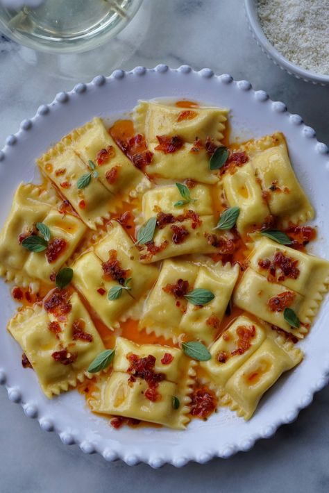 Best Homemade Ravioli Recipe, Ravioli Doppio, Lemon Ricotta Ravioli, Ravioli Recipe Homemade, Ricotta Ravioli, Whipped Ricotta, Chili Crisp, Calabrian Chili, Homemade Ravioli