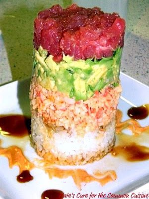 quick, easy & healthy homemade ahi tuna tower Stacked Food, Sushi Stack, Tuna Tower, Rice Burger, Tuna Tartar, Sushi Bake, Seafood Tower, Sesame Dressing, Food Sculpture