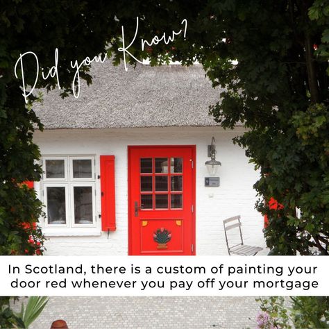 Fascinating fact alert! 🚨 In Scotland, a red front door isn't just a design choice - it's a proud proclamation of a mortgage-free home! The tradition stems from a time when red paint was a luxury, symbolizing the financial freedom to indulge once the home was paid off. Even though paint prices have leveled, many Scots still celebrate their last mortgage payment with a fresh coat of red. What a vibrant way to celebrate financial freedom! #realestate #realtorlife #lol #realtor #real... Red Front Door, Mortgage Free, Paid Off, Mortgage Payment, Red Paint, Financial Freedom, Scotland, Front Door, Fun Facts