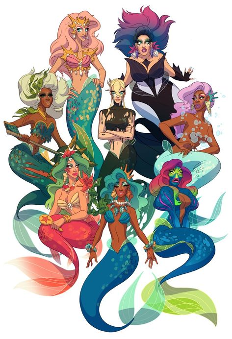 Claire Hummel on Twitter: "#mermay times eight: The Drag Daughters of Triton, JUST under the wire in time for #DragCon 🐠💅🏼🐟… " Daughters Of Triton, Claire Hummel, Long Haired Men, Queen Drawing, Rupaul Drag Queen, Francisco Lachowski, Ligne Claire, Racing Art, Mermaids And Mermen