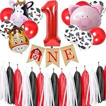 Barnyard 1st Birthday Party Boys, Farm Animal 1st Birthday, Farmhouse Backdrop, Cow Balloons, Farmhouse Cake, Farmhouse Birthday, One Highchair Banner, Paper Tassels, Farm Animals Theme