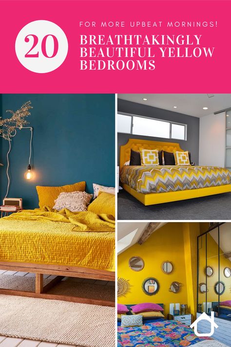 Delightful small Mediterranean bedroom in the attic with an accent yellow wall and blue bedding Bedroom Color Combination Accent Wall, Yellow And Blue Bedding, Yellow Accent Wall Bedroom, Bedroom In The Attic, Bed No Headboard, Blue Yellow Bedrooms, Yellow Bedrooms, Mustard Bedroom, Contemporary Style Bedroom