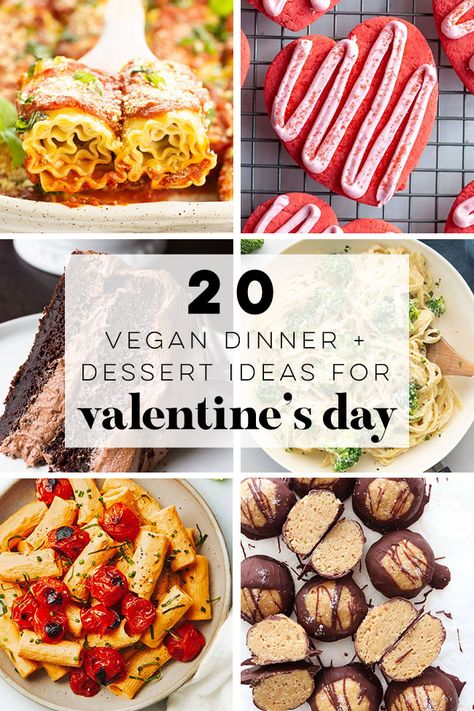 20 Valentine's Day Dinner and Dessert Ideas -- These Valentine's Day recipes are all vegetarian with vegan options, but not short of flavor! Create a delicious dinner or dessert this Valentine's Day for your loved one for a date night in to remember. #vegan #vegetarian #dinner #dessert #valentinesday | mindfulavocado Romantic Vegetarian Dinner, Dinner Dessert Ideas, Dinner Date Recipes, Vegan Avocado Recipes, Healthy Vegan Dinner Recipes, Vegetarian Cookies, Date Night At Home, Vegan Holiday Recipes, Date Night Recipes