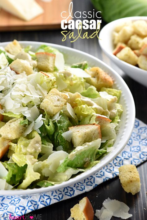 Classic Caesar Salad ~ with a flavorful (egg-free!) dressing, garlicky homemade croutons, and fresh shaved Parmesan atop crunchy hearts of romaine, this is the perfect side to just about any meal...or top with sliced chicken for a healthy, hearty entree! | FiveHeartHome.com Classic Ceasar Salad, Cajun Pasta Recipes, Salad With Eggs, Caesar Salads, Cucumber Pasta Salad, Avocado Pasta Salad, Shaved Parmesan, Summertime Salads, Classic Caesar Salad