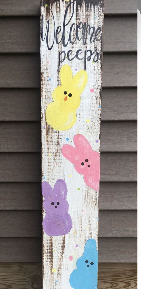 Easter Wood Signs Front Porches, Diy Easter Wood Signs, Peeps Crafts Decoration, Pallet Easter Projects, Spring Diy Wood Crafts, 2x4 Easter Projects, Easter Bunny Painting On Wood, Spring Wood Decor Front Porch, Wood Easter Signs