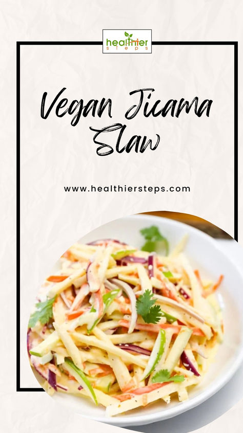 Vegan Jicama Slaw | Healthy Vegan Jicama Slaw Recipe Jicama Apple Slaw, Jicama Slaw Recipe, Creamy Slaw, Creamy Cabbage, Cabbage Coleslaw, Jicama Slaw, Dill Potatoes, Vegan Coleslaw, Sandwich Sauces