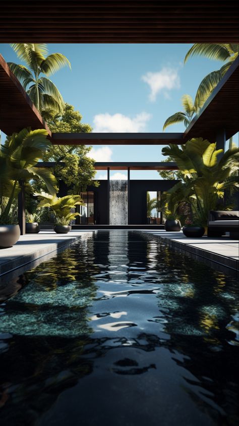 A black pool oasis. #architecture #interiordesign #design #pool Rich Pool, Black Pool, Dark Pool Aesthetic, Garden With Pool Aesthetic, Dark Swimming Pools, Black Bottom Pools, French Pool, Dark Swimming Pool Aesthetic, Swimming Pool Aesthetic Dark