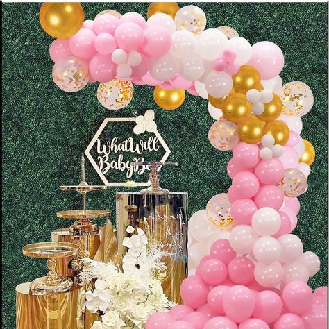 Package Includes: Balloon Arch Garland Kit Including 40pcs 12" White Balloons, 10pcs 5" White Balloons, 40pcs 12" Pink Girl Balloons, 10pcs 5" Pink Girl Balloons, 10pcs 12" Gold Balloons, 15pcs 12" Gold Confetti Balloons, Extra 5 Backup Balloons, 1 Roll Of 32ft Silk Ribbon, 4pcs Wall Hook, 1 Roll Of 16ft Arch Balloon Strip Tape, 1pcs Balloon Tying Tools, 1 Roll Of 100 Dot Glue. Pink And Gold Balloons, Pink Balloon Arch, Balloons For Baby Shower, Graduation Background, Balloon Arch Kit, Balloon Chain, Gold Confetti Balloons, Balloon Kit, Birthday Party Balloon