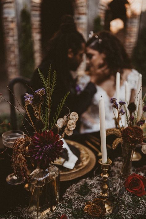 Enchanted Gothic Wedding, Goth Sweetheart Table, Dark And Moody Wedding Ceremony Decor, Dark Rustic Wedding Decor, Dark Fall Wedding Centerpieces, Moody Art Deco Wedding, Moody Romantic Wedding Photography, Gothic Chic Wedding, Dark Wedding Color Palette