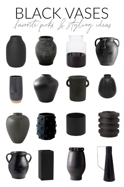 A collection of black vase options to use in fall and winter styling. Whether you get a black ceramic vase, metal or glass, there are so many possibilities! Also includes inspiration images on how to style these accessories for the fall months! Set Of Black Vases, Modern Black Vase, Black Terracotta Vase, Black Decor Pieces, Black Vase Kitchen Island, Black Vase With Greenery, Large Black Vase, Black Pottery Vase, Black Vase Decorating Ideas