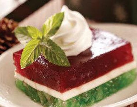 Christmas Ribbon Jello | Just A Pinch Recipes Jello Dishes, Fruit Sides, Christmas Jello, Gelatin Salad, Pie Fillings, Jelly Desserts, Gelatin Recipes, Jello Desserts, Jello Salad