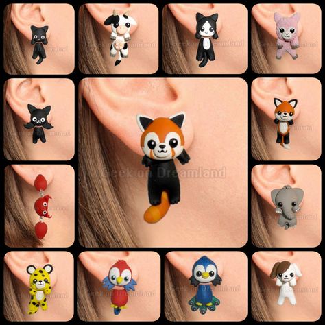 Kawaii Earrings, Cute Kawaii Animals, Cute Polymer Clay, Clay Earring, Clay Animals, Cute Clay, Fimo Clay, Animal Earrings, Kawaii Animals