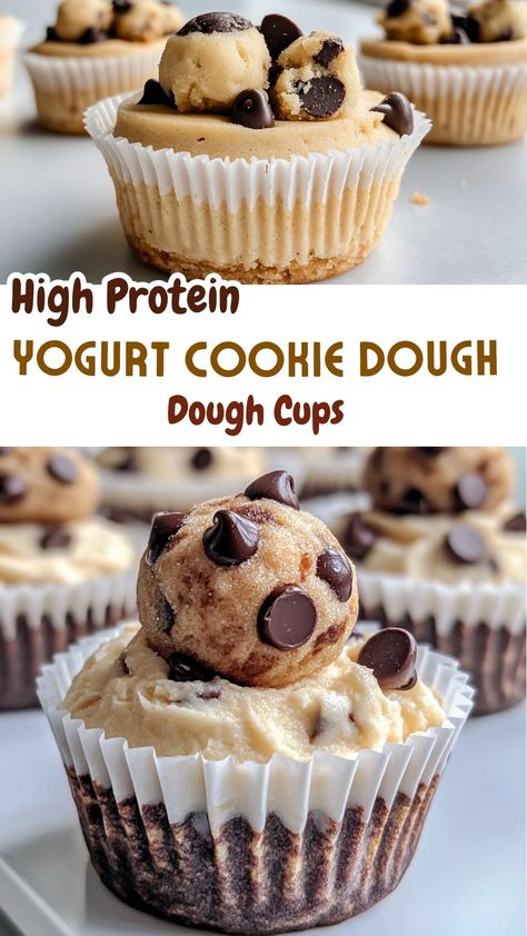 High Protein Yogurt Cookie Dough Cups High Protein Easy Dessert, Protein Deserts Easy, High Protein Low Calorie Desserts, Yogurt Cookie Dough, Protein Powder Desserts, Cookie Dough Yogurt, Easy Protein Snacks, Trending Desserts, Cookie Dough Cups