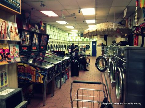 Sunshine Laundry, Greenpoint Brooklyn - Awesome speak easy hidden away in the back of the place disguised as stacked laundry machines!  Filled with pinball games! Nyc Core, Bday Aesthetic, Stacked Laundry, Bloxburg Town, Coin Laundry, Greenpoint Brooklyn, Speak Easy, Pinball Game, Nyc Marathon