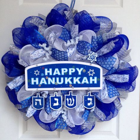 Happy Hanukkah  Deco Mesh Blue and White by whatameshbydiana Diy Hanukkah, Hanukkah Lights, Easter Mesh Wreaths, Jewish Crafts, Hanukkah Crafts, Lighted Wreaths, Hanukkah Decorations, White Wreath, Easter Bunny Wreath