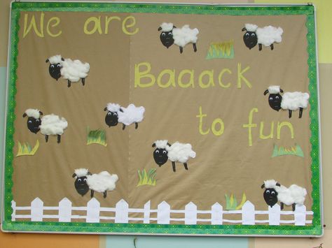 A welcome back to school board. We used wool for the sheep. The children enjoyed colouring the cardboard sheep cut-out with black paint and then sticking the cotton wool. Sheep Classroom Decor, Sheep Bulletin Board, Welcome Back To School Board, Farm Bulletin Board, Back To School Board, Infant Classroom, Ra Ideas, Sheep Farm, Welcome Back To School