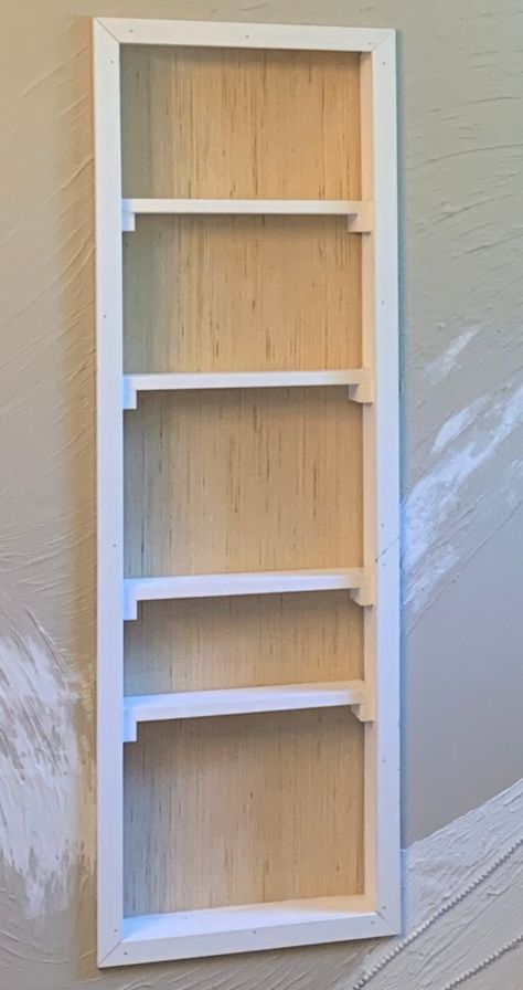 Between-Studs Storage WITHOUT Complicated Woodworking – SunnyMommy Creations Wall Inset Shelves, Diy Built In Shelves Between Studs, Between Stud Storage Bathroom, Between Studs Shelves, In Wall Storage Between Studs, Bathroom Shelving Ideas The Wall, Between Stud Storage, Shelves Between Studs, Stud Shelves