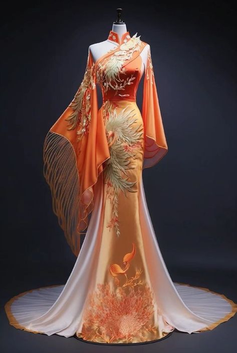 Orange Dress Drawing, Chinese Inspired Dress, Phoenix Wedding Dress, Magical Dress, Chinese Style Dress, Dress Design Drawing, Fantasy Dresses, Style 2023, Dress Design Sketches