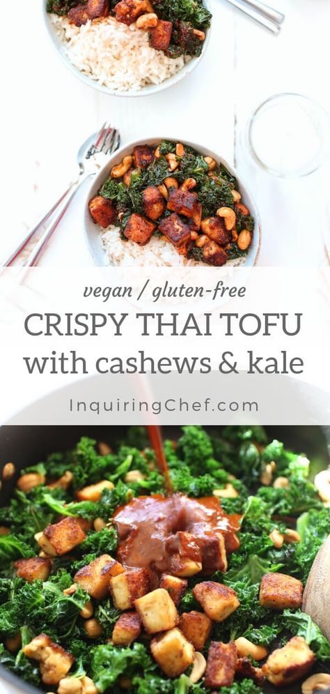 Crispy Thai Tofu with Thai Chili Paste, Cashews and Kale | This healthy 20-minute stir-fry with crispy tofu is high in protein and naturally vegan + gluten-free.  It's a quick and easy dinner recipe that will help you get a healthy dinner on the table fast -- perfect for busy weeknights! | Inquiring Chef #inquiringchef #vegan #glutenfree #stirfry #tofurecipes #quickdinner Vegan Easy Dinner, Easy Dinner Healthy, Thai Chili Paste, Thai Tofu, Easy Thai Recipes, Healthy Stir Fry, Thai Recipe, Thai Chili, Kale Recipes